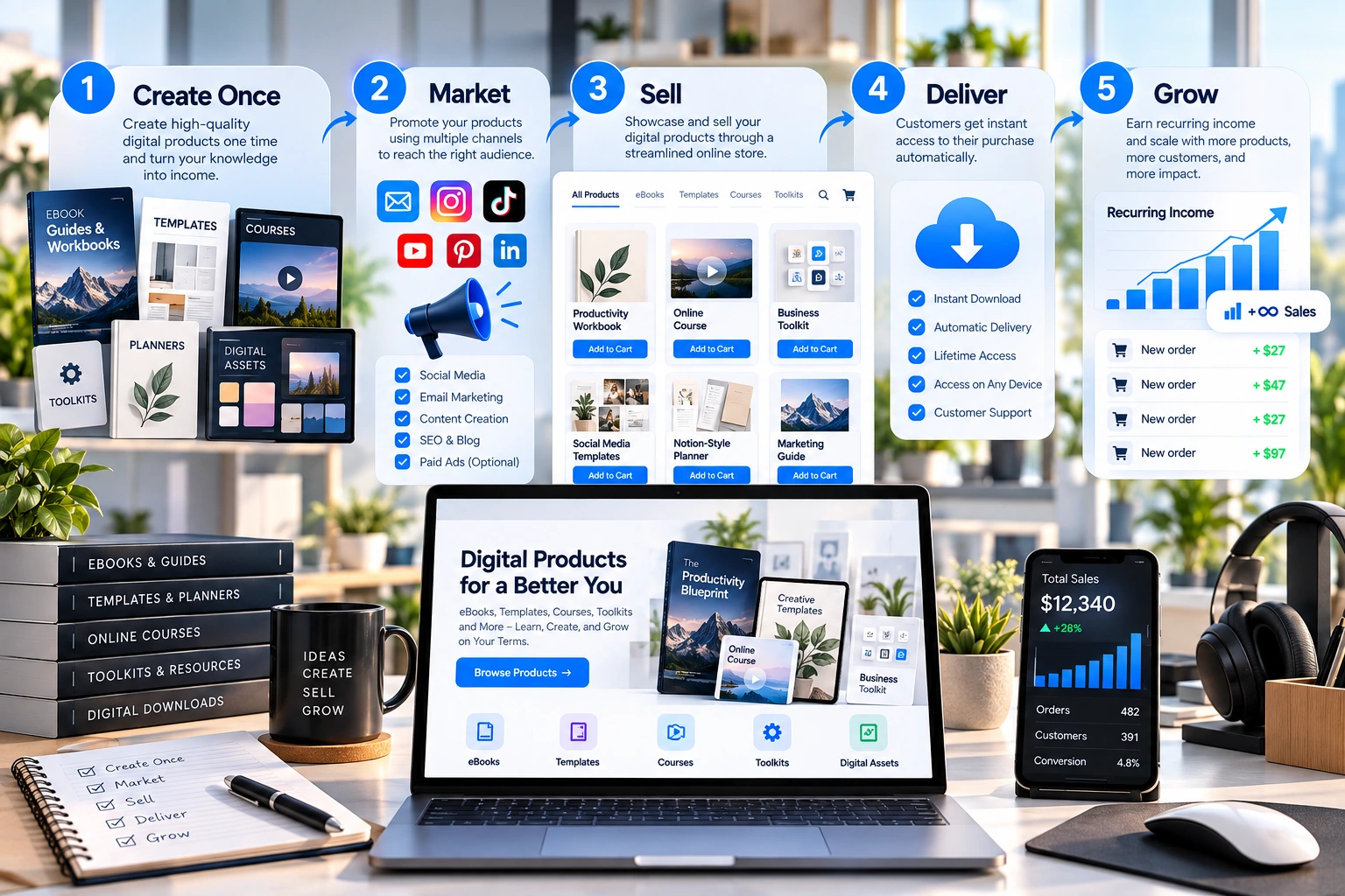 Digital product creation, marketing, sales and delivery illustrated with an online store.