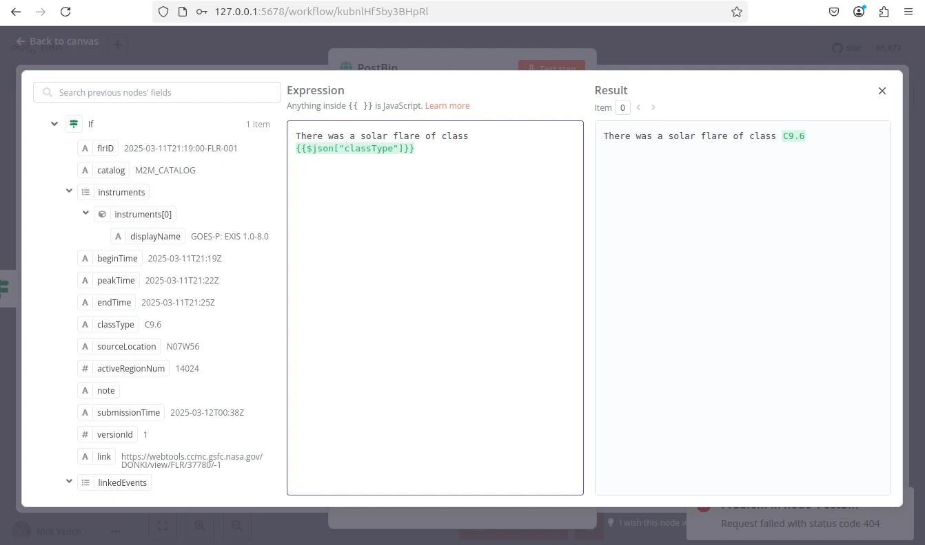n8n expression editor mapping a node value into the next workflow step