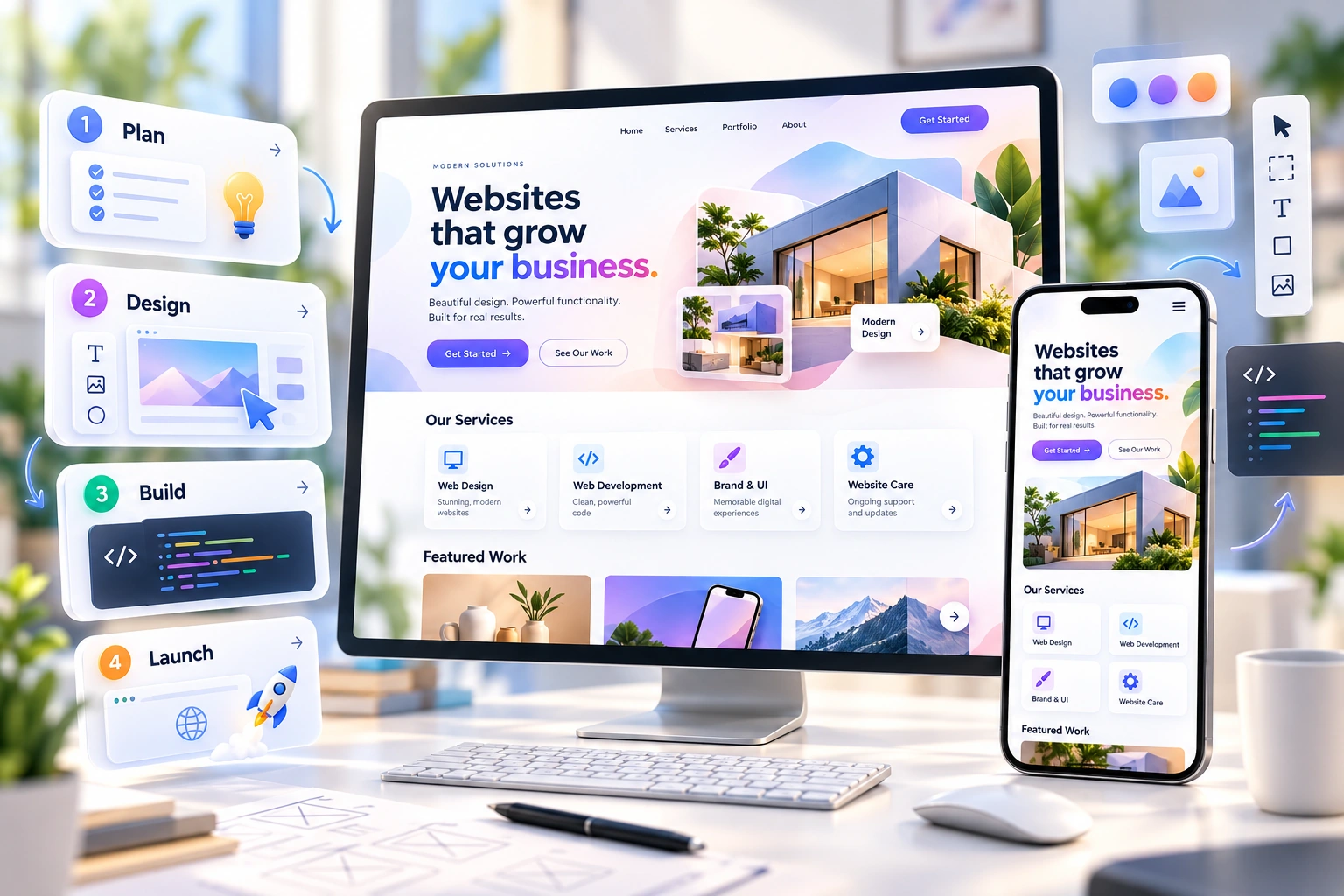Website design, build and launch shown across desktop and mobile screens.