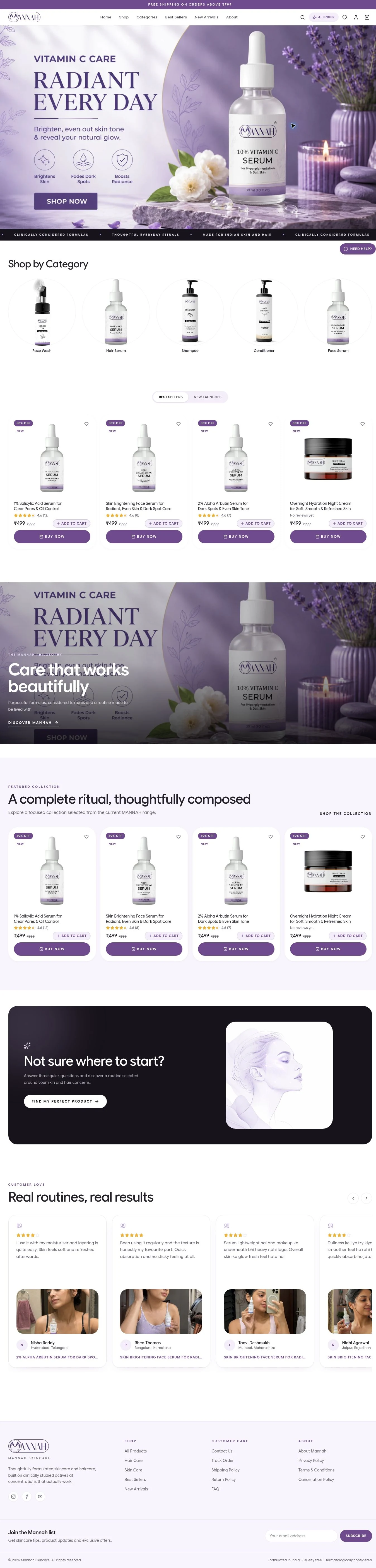 Mannah SkinCare complete homepage from its header through the footer