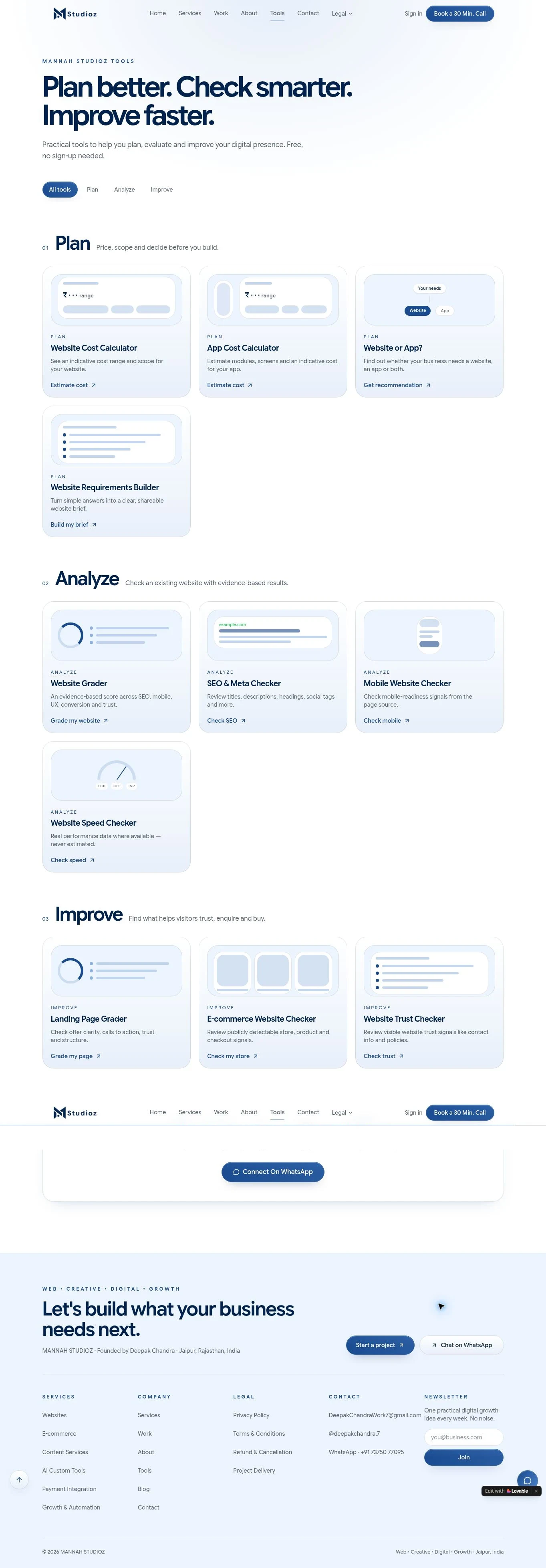 Mannah Studioz Tools page with Plan, Analyze and Improve tools through the footer