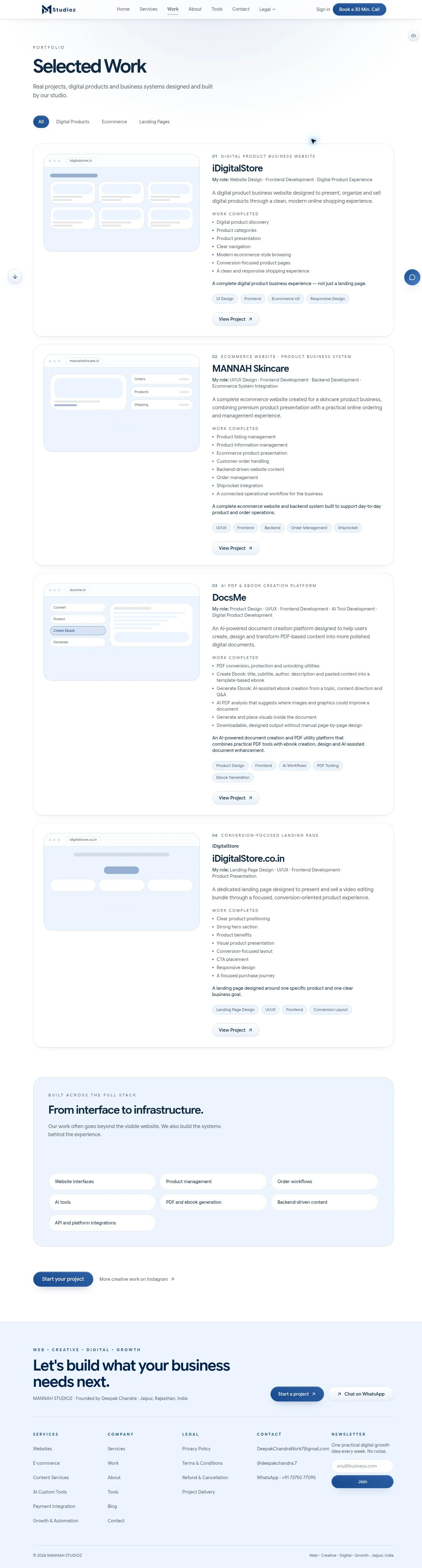 Mannah Studioz complete Work page from header to footer