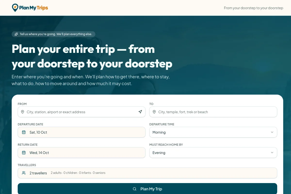 Homepage header and opening section of My Trips